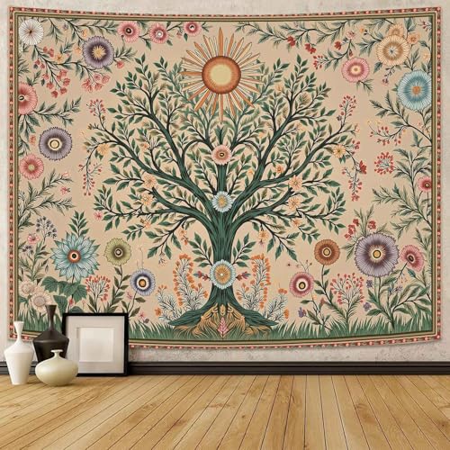 Lunerfex Chakra Tree Wall Tapestry - Celestial Sun & Floral Wall Hanging for Bedroom and Living Room - Boho Spiritual Decor Tapestries 48"x36"