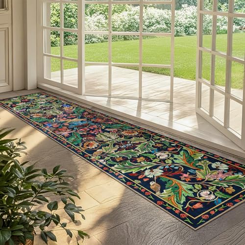 nesrt 2x10 Botanical Runners for Hallways Kitchen Rug Non Slip, Long Washable Boho Jungle Runner Rugs, Soft Floral Forest Birds Carpet Runner for Hall, Laundry, Bedroom, Bathroom (Dark Green)