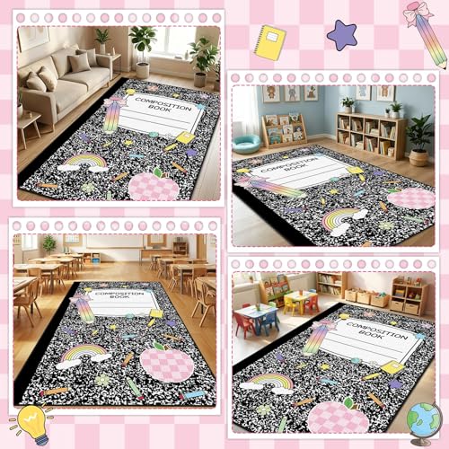 5x7.6 ft Composition Notebook Classroom Rug Black and White Educational Area Mat Composition Book Play Carpet Back to School Learning Mat for Preschool Nursery Kindergarten(Black White Notebook)