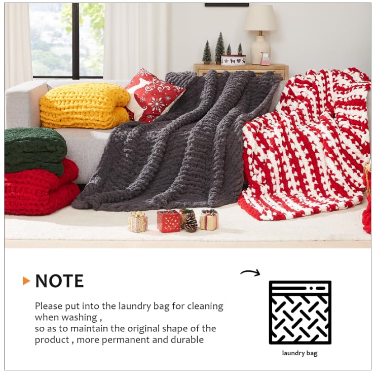L'AGRATY Chunky Knit Blanket - Soft Chunky Throw 60x80 inches: 100% Hand Kintted Chenile Crochet Throw for Couch - Large Cable Knit Blanket for Home Decor (Ivory)