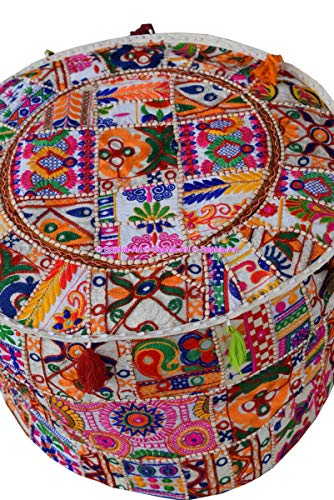 Sophia-Art Indian Embroidered Patchwork Cover Indian Decorative Pouf Indian Comfortable Floor Cotton Cushion Ottoman Pouf,Indian Designs Ethnic Patchwork Pouf (White Rajkoti, 14"x22")