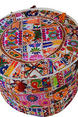 Sophia-Art Indian Embroidered Patchwork Cover Indian Decorative Pouf Indian Comfortable Floor Cotton Cushion Ottoman Pouf,Indian Designs Ethnic Patchwork Pouf (White Rajkoti, 14"x22")