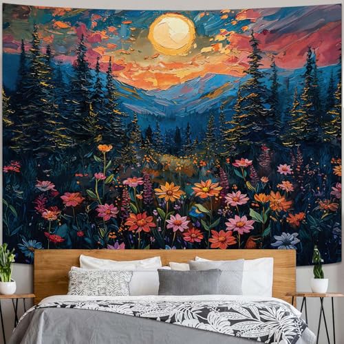 kampdream Landscape Tapestry, Scenery Art Wall Tapestries, Nature Wall Decor for Bedroom Living Room Backdrop Sunset Wildflowers 36×48 inches