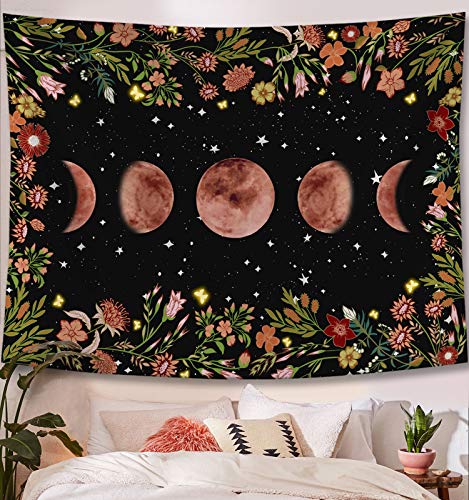 Rexful Moonlit Garden Tapestry, Moon Phase Surrounded by Plants and Flowers Black Wall Hanging Blanket 36×48 inch