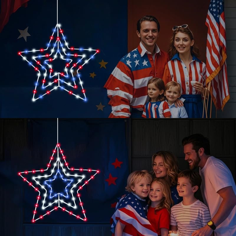 250 Anniversary Patriotic Decorations, Red White and Blue Memorial Day Decor Star Lights, Timer 14.2In Iron Frame 70Led Fairy Star Lights, 8 Mode with Remote Window Wall Silhouette for Home