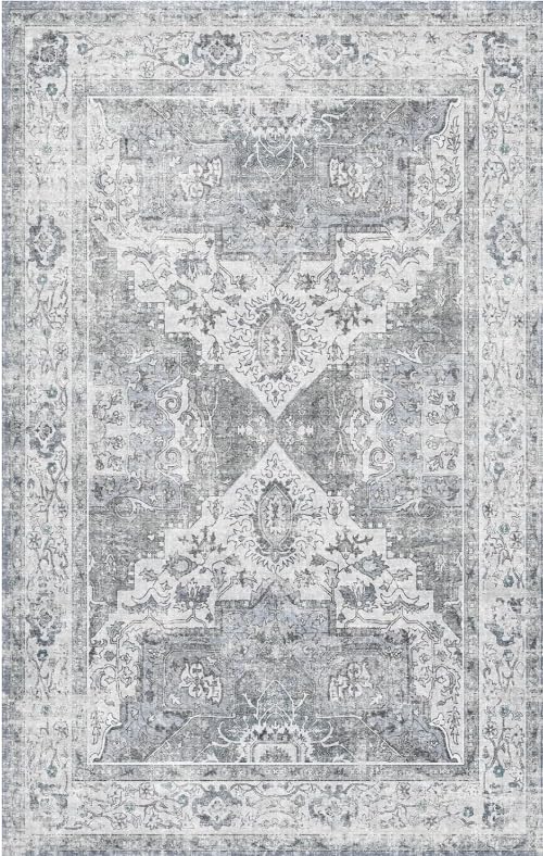 4x10 Runner Rug Washable, Non Slip Vintage 10ft Wide Rugs Grey