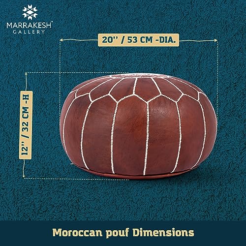 Marrakesh Gallery Genuine Leather Round Pouf Cover - Handmade Moroccan Ottoman Footstool, Unstuffed Footrest - Boho Decor - Bohemian Living Room, Bedroom, Kids Room - Housewarming Gift & Wedding