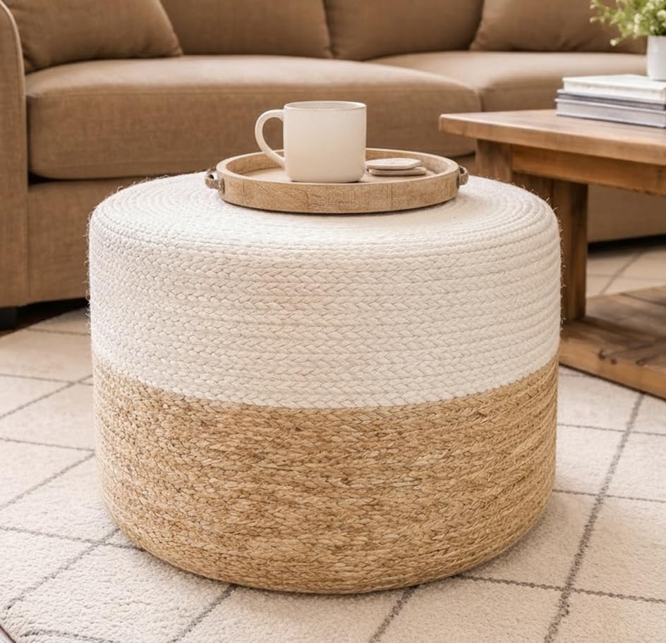 Jute Pouf Ottoman | Footrest Pouf | Hand Braided - Round Boho Pouffe - for Living Room, Bedroom, Nursery (18"x18"x12") Ivory