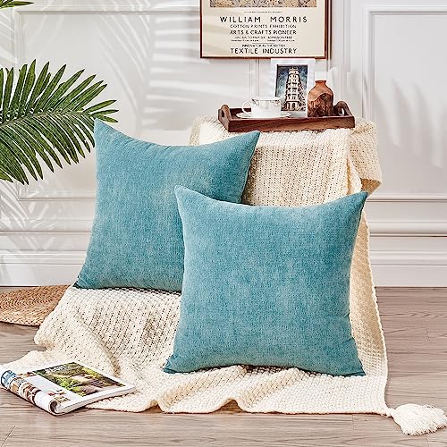 GAWAMAY Decorative Square Throw Pillow Covers 22"x22" Inch Set of 2, Super Soft Chenille Pillows Farmhouse Fall Pillowcase for Living Room Bedroom Sofa Couch Cushion Cover Smoke Blue 55x55cm