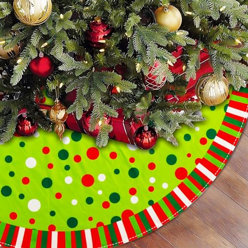 Christmas Tree Skirt 48 Inches, Velvet Stripes Trimmed Tree Skirt with Red Green White Polka Dots Design for Holiday Party Decor