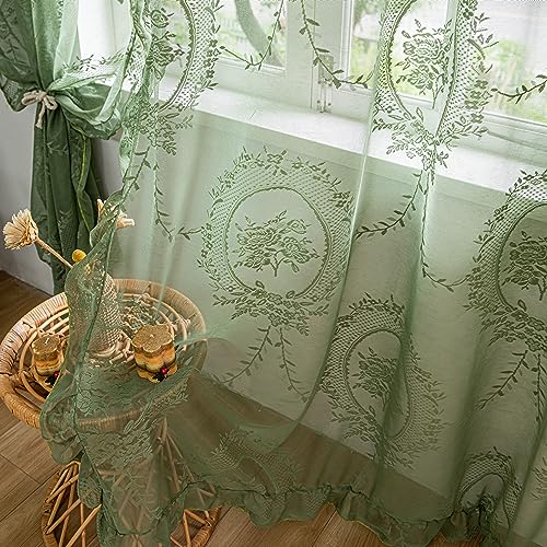 Sutuo Home Olive Green Lace Sheer Curtains 84 Inches Long for Bedroom Living Room Nursery,Rose Floral Embroidery Ruffled Vintage Chic Window Treatment Privacy Drapes, Rod Pocket,W57 x L84, 2 Panels