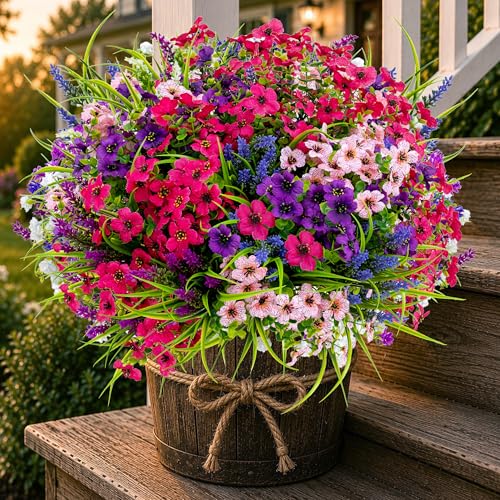 AXYLEX Artificial Flowers Outdoor Shrubs - 16 Bundles Fake Plants UV Resistant No Fade Faux Plastic Greenery Home Garden Porch Patio Decoration Office Indoor (1, Multi-16pcs)