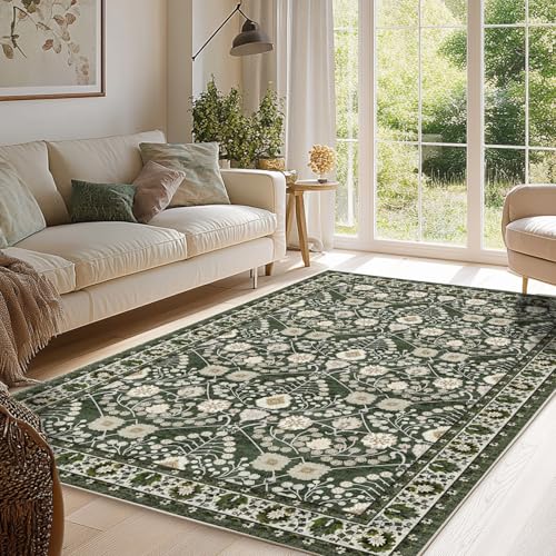 3x5 Rug Machine Washable Rugs：Boho Area Rugs Floral Rug for Living Room,TPR 3x5 Non Slip Dark Green Rugs for Under Table Carpet for Laundry Room Kids Room Dining Room
