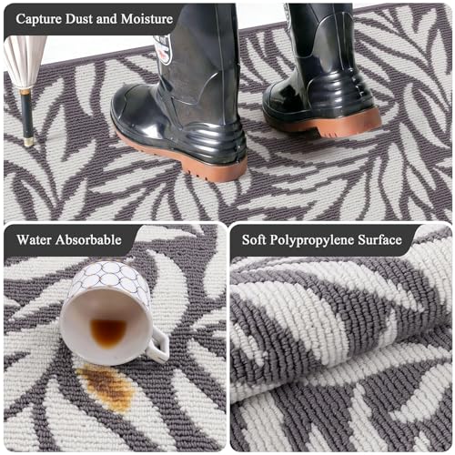 Indoor Door Mat 2x3ft, Absorbent Dog Muddy Paws Mats, Low-Profile Leaves Entrance Runner Carpet with Non-Slip Rubber Backing, Washable Inside Welcome Mat for Hallway,Entryway,Kitchen(Grey)
