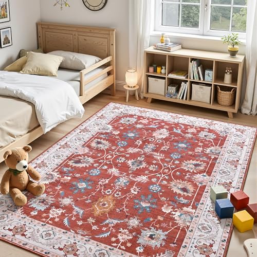 5x7 Area Rugs for Living Room, Washable Rug Vintage Floral, Red