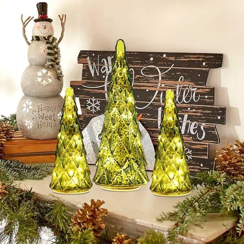 Christmas Decorations Indoor, YEAHOME Set of 3 Pre-lit Green Glass Christmas Tree for Home Decor, Christmas Table Decorations Lighted Xmas Tree with Timer for Living Room Mantel Tabletop Party