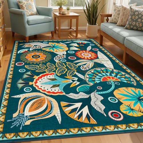 Joydeco Egypt Floral 4x6 Washable Rug for Entryway Living Room Bedroom
