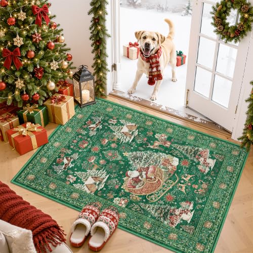 Christmas Rug 2x3 Entryway Rugs Washable Rug Runner for Kitchen, Xmas Green