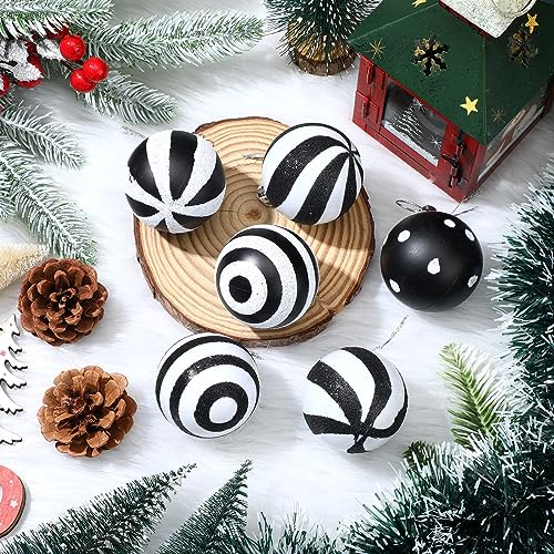 Riceshoot 24 Pcs Christmas Black and White Ball Ornaments Xmas Plastic Stripe Dot Hanging Ball for Christmas Tree Party Decoration Supplies(2.36 Inch)