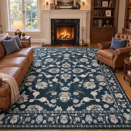 jinchan 8x10 Traditional Floral Area Rug, Large Washable Rug, Midnight Blue