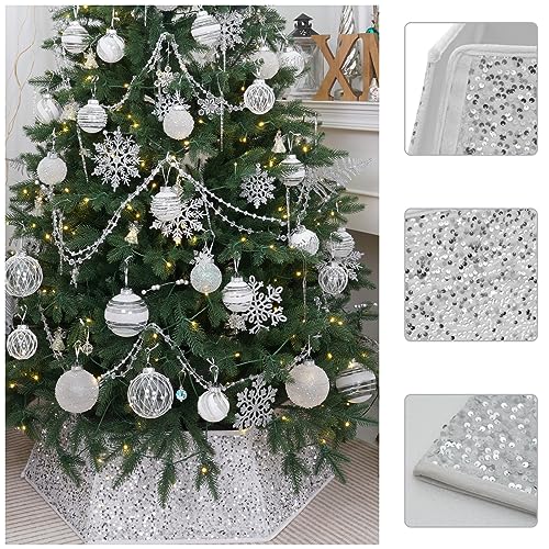 White Christmas Tree Collar with Sparkling Sequins,Christmas Tree Collars for Atificial Trees, 33.5 Inch Christmas Tree Skirt, Xmas Tree Stand Base Cover,Holiday Home Decor Tree Ring(Large)