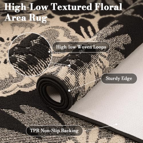 Findosom Washable Area Rug 4x6, Non Slip High-Low Textured Floral Rugs for Bedroom with Rubber Backing, Boho Carpet for Living Room, Kitchen, Entryway, Laundry, Black & Beige