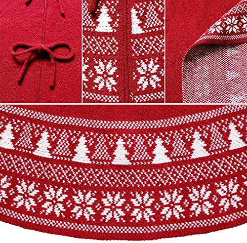 Dremisland Christmas Tree Skirt Luxury Cable Knitted Thick Rustic Xmas Tree Decoration Red Tree Skirt with Snowflake Xmas Tree Farmhouse Christmas Decor Holiday Home Party Decor (36inch/90cm, Red)