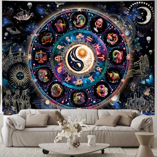 Lahasbja Blacklight Constellation Tapestry UV Reactive Sun and Moon Tapestries Spiritual Zodiac Astrology Wall Tapestries Galaxy Wall Decor Mystic Yin Yang Wall Hanging for Bedroom