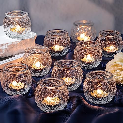 Clear Votive Candle Holders Set of 24- Round Glass Candle Holders Bulk for Tea Light Candle, Diamond Texture Candle Votives for Wedding Centerpiece, Living Room & Home Table Decor