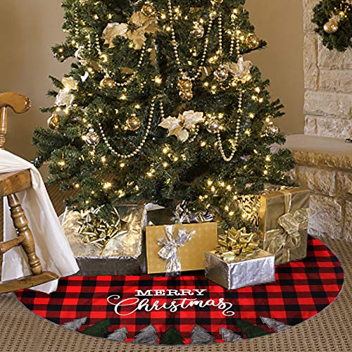 Juegoal 48 Inch Christmas Tree Skirt, Soft Red and Black Plaid Christmas Tree Mat for Xmas Party Decoration, Christmas Tree Holiday Decor