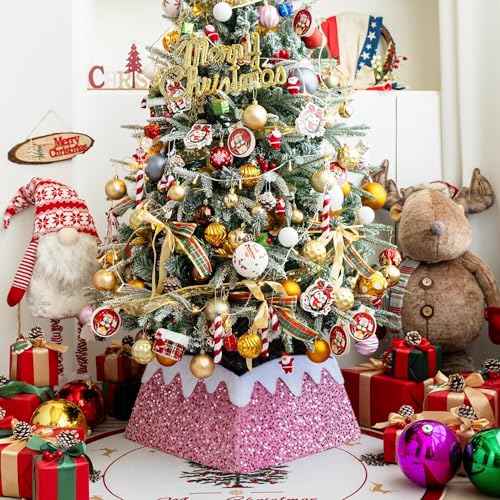 Christmas Tree Collar 24 inch Sequin Tree Skirt, Xmas Tree Square Stand Base Cover for Christmas Artificial Tree Holiday Home Decor, Snow Mountain, Pink