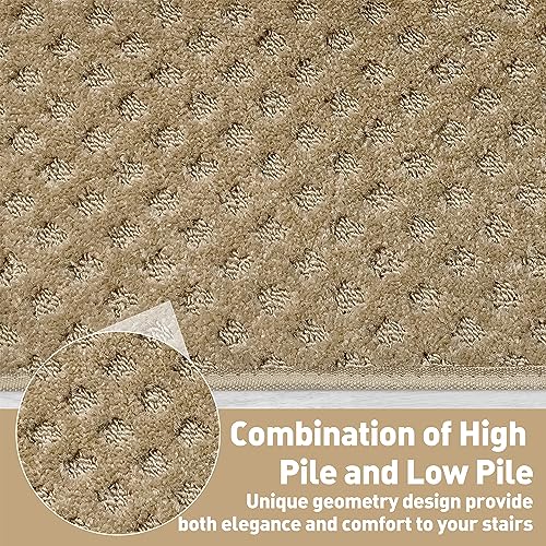 PURE ERA Bullnose Carpet Stair Treads Set Tape Free Non-Slip Indoor Stair Protectors Pet Friendly Rugs 9.5" x 30"(14 Pieces,Khaki Mini-Diamond Trellis)