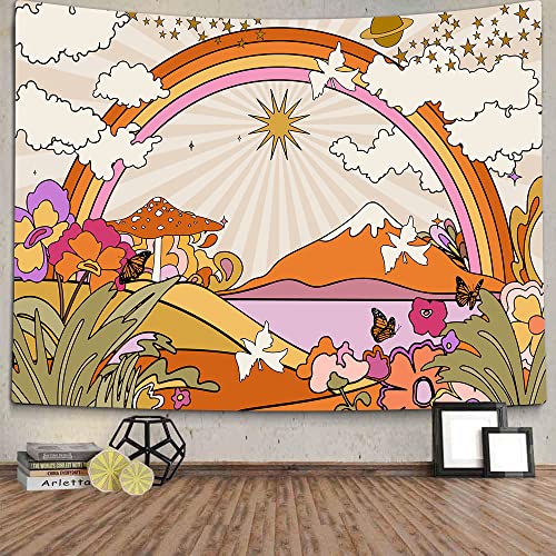 TOMOZ Vintage 70s 60s Groovy Tapestry, Retro Flowers Clouds Sun and Rainbow Tapestry Wall Hanging, Orange Boho Aesthetic Tapestries for Bedroom Living Room Dorm Decor 60 x 51Inch
