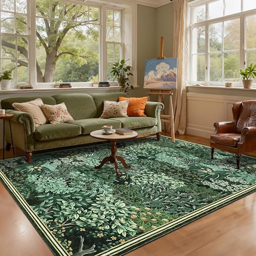 GarveeHome Forest Rugs 5x7, Green Washable Area Rugs for Living Room 5x7, Botanical Low Pile Non Slip Stain Resistance Woodland Rug for Farmhouse, Bedroom, Dining Room