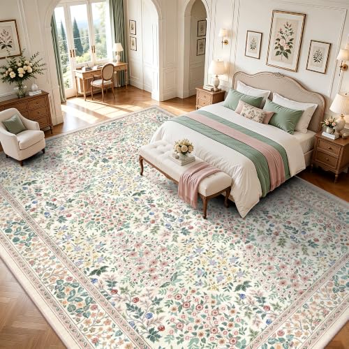 10x14 Large Area Rugs, Machine Washable Low Pile Floral Rugs for Living Room, Bedroom, Boho Style with Non-Slip Backing Nursery Rug(Pink Floral)