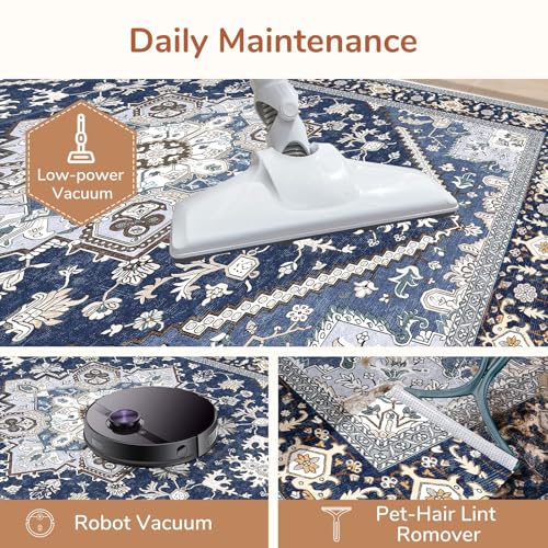 OPPODREAM Soft Area Rugs 5x7, 5x7 Washable Rug with Non Slip Backing, 5 x 7 Faux Cashmere Low-Pile Carpet, Navy Blue & Gold