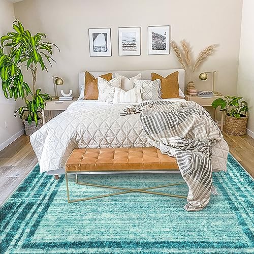 Lahome Amabel Abstract Teal 8x10 Area Rugs for Living Room, Washable Modern Bedroom Rug 8x10 Stain Resistant, Low-Pile Soft Minimalist Bordered Large Indoor Carpet for Office Dining Room