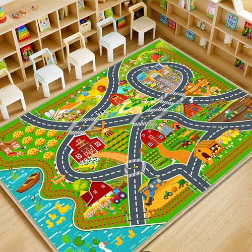 Car Road Rug for Kids Room Farm Play Mat Rugs for Kids Toy and Cars, Educational Area Kid Carpet for Bedroom Playroom Nursery, Non-Slip Activity Floor Playmat Road Traffic Track Carpet 31"x37"