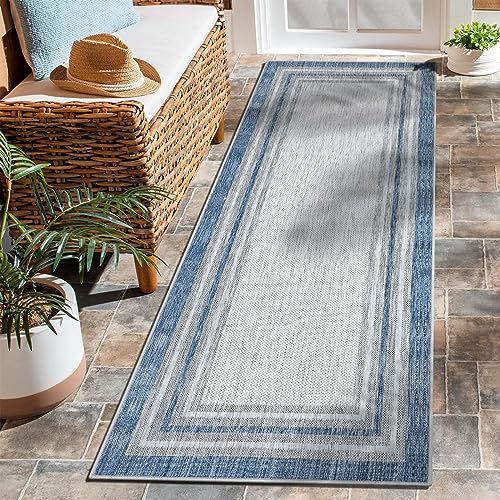 Bordered Laundry Room Rug, Washable 2x6 Kitchen Runner Rug Printed Blue Carpet with Rubber Backing, Modern Runners for Hallways Non Slip Carpet for Bedroom Kitchen Bathroom