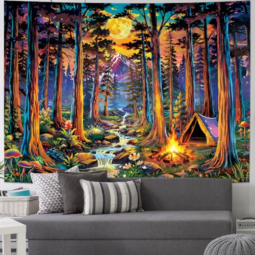 Racunbula Blacklight Fantasy Forest Tapestry UV Reactive Galaxy Space Moon Tapestry Trippy Pine Trees Wall Tapestries Nature Landscape Mountain River Tapestries Wall Hanging for Bedroom