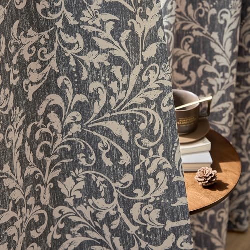 jinchan Vintage Curtains 84 Inch Long Cream Scroll Floral Blue Curtians for Living Room Bedroom Room Darkenign Drapes Thermal Insulated Classic Traditional Privacy Grommet Top 2 Panels