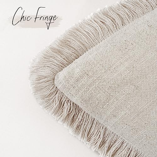Foindtower Set of 2 Decorative Linen Fringe Throw Pillow Covers Cozy Farmhouse Boho Cushion Cover with Tassels Soft Accent Pillowcase for Couch Sofa Bed Living Room Home Decor 20×20 Inch Beige