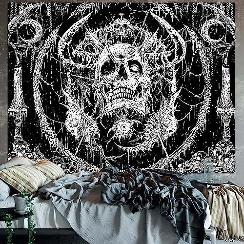 Lifeella Skull Tapestry, Gothic Horror Moon Skeleton Mystic Dark Tapestries for Bedroom Grunge Wall Hanging Black and White 36 x 48 inch