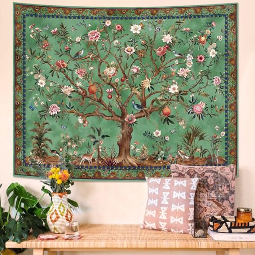Boho Tree of LIfe Tapestry, Vintage Flower Leaves Birds Plant Animal Pattern Tapestries, Retro Indian Bohemian Aesthetic Wall Hanging Green 36×48 inch