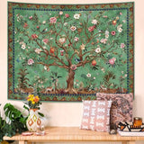 Boho Tree of LIfe Tapestry, Vintage Flower Leaves Birds Plant Animal Pattern Tapestries, Retro Indian Bohemian Aesthetic Wall Hanging Green 36×48 inch