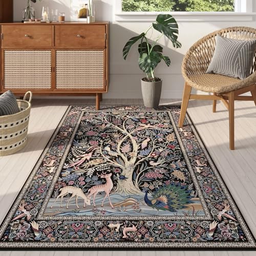 Rugcomf Area Rug 4x6 Washable Non Slip Tree of Life-Patterned, Black