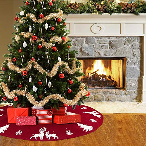 LOMOHOO Tree Skirt 36 inches Knitted Christmas Tree Skirts Red 3D Elk Knit Thick Rustic Tree Skirts Xmas Holiday Ornaments Indoor Outdoor Christmas Decoration