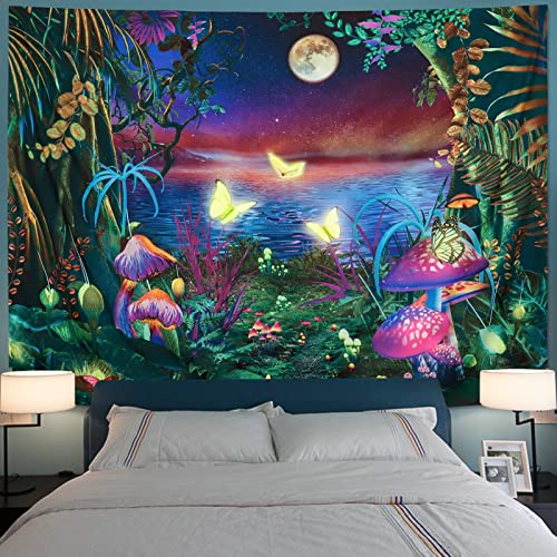 Serborlur Blacklight Fantasy Forest Moon Tapestry UV Reactive Neon Mushroom Butterfly Wall Hanging Galaxy Space Wall Tapestries Aesthetic Nature Landscape Backdrop for Bedroom Living Room Decor (51.2 × 59.1 inches)