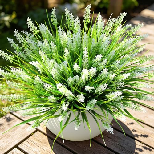 AmyHomie Artificial Plants & Flowers for Outdoors – 16 Bundles White Fake Lavender Flowers & Monkey Grass, UV Resistant Faux Greenery for Patio, Porch, Planter, Garden and Window Decor