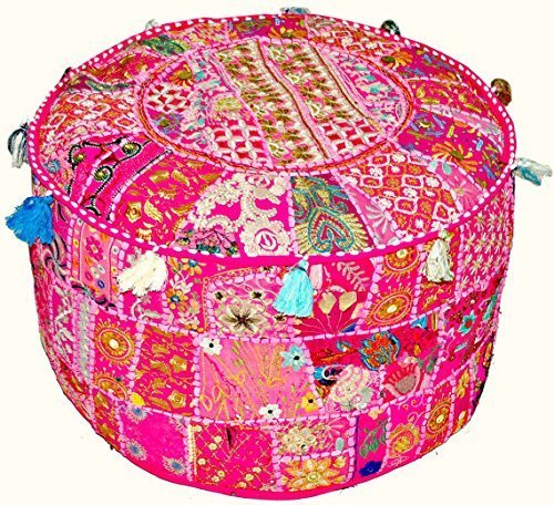 Sophia-Art Indian Embroidered Patchwork Cover Indian Decorative Pouf Indian Comfortable Floor Cotton Cushion Ottoman Pouf,Indian Designs Ethnic Patchwork Pouf (Dark Pink, 14"x22")